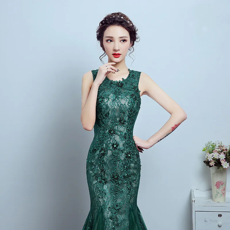 
Q027 Sleeveless Deep Green wedding evening party dress Elegant Lace Mermaid Mother of Bride Dress 