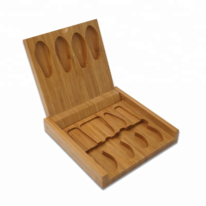 
natural bamboo cheese cutting storage box with 4pieces knife set 
