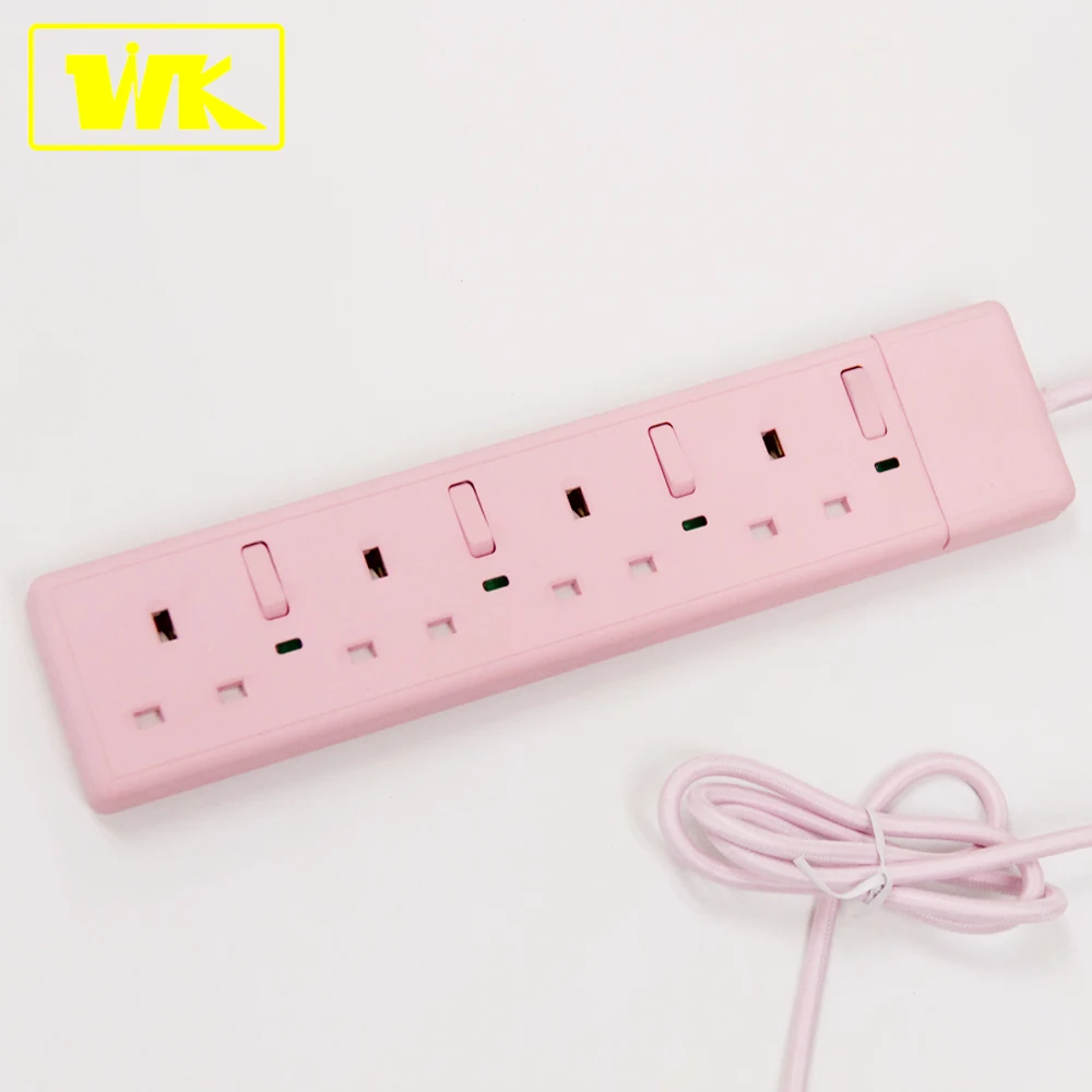 WK  13A 4 Gang Power Strip with UK Fused Plug Top, Individual Switch & Neon