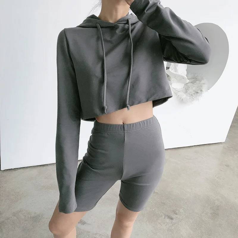 Wholesale Women Sports 2 Pieces Crop Top Hoodie Shorts Set two piece pants set