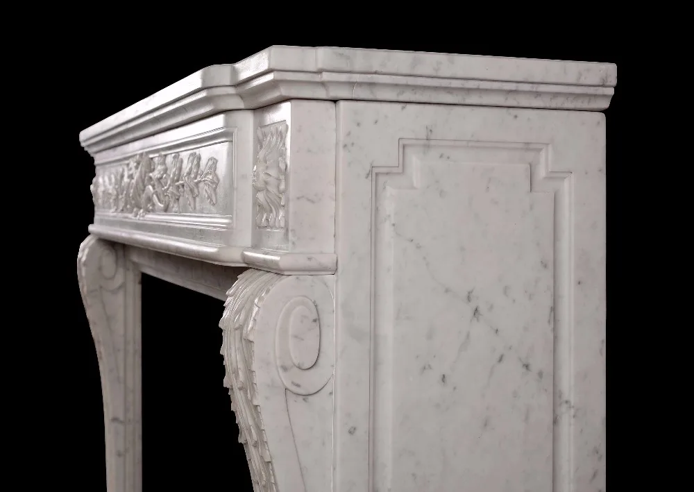 European Style Bianco Carrera Hand Carved White Marble Fireplace Mantel