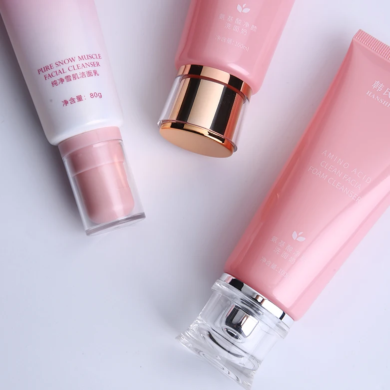 Pink color tube with acrylic cap of cosmetic hand cream tubes packaging