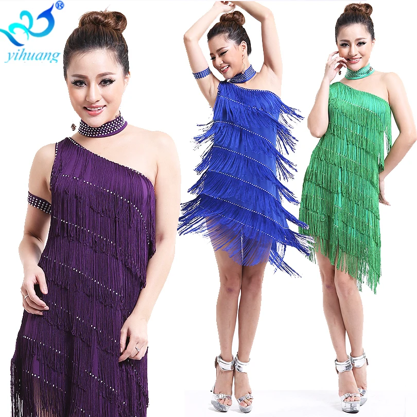 Rhinestone off-shoulder Latin Dance Dress Competition Salsa Tango Performance Festival Party Cocktail Tassel Dress