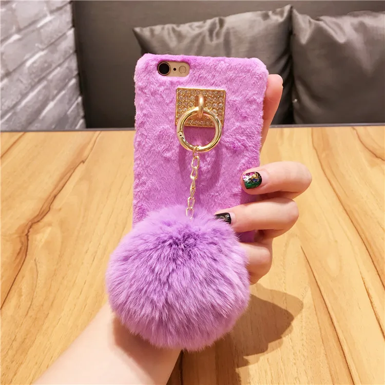 Korea Wram Rabbit Fur Ball Diamond Metal Ring Tassel Case for Iphone 6 6plus 7 7 plus Luxury Plush Hard Pc Cover cases Purple