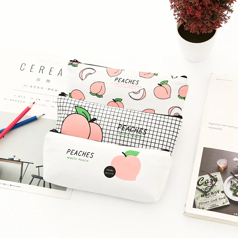 Korea stationery cute kawaii fruit peach style zipper lock canvas pencil case bag for school kids