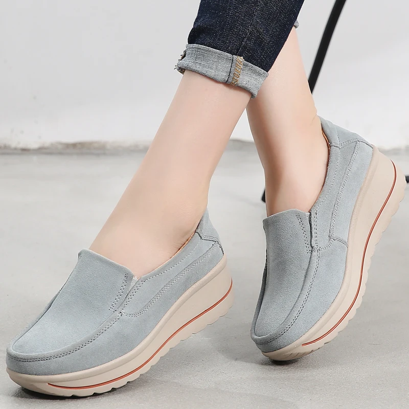
2018 new model ladies suede leather loafers slip on platform wedges shoes 