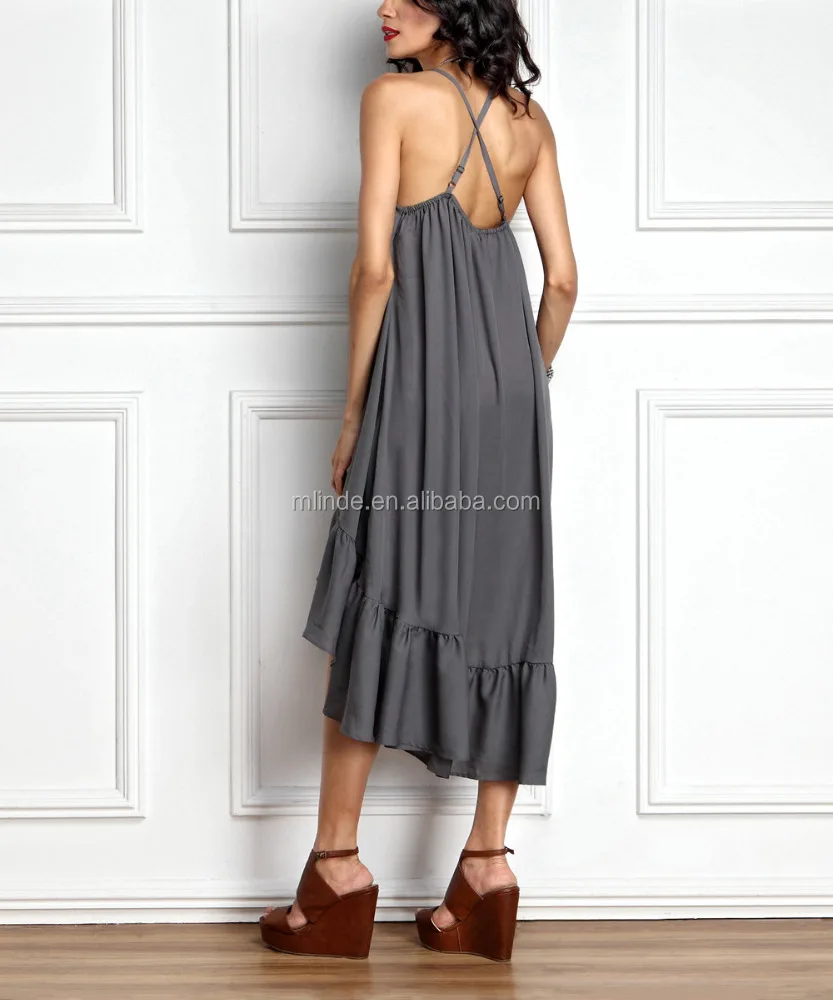 
CUSTOM Sexy Strappy Latest Korean Designs Women Gray Chiffon Ruffle-Hem Hi-Low Midi Dress for Women Party Wearing Clothing 