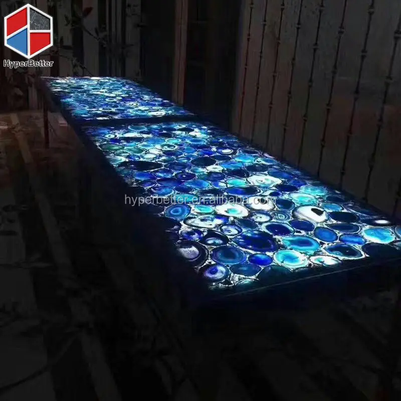 Backlit rectangle blue agate dining table
