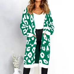 Women autumn leopard knitted long cardigan long sleeve sweater overcoat for female 2022 autumn new outerwear coats