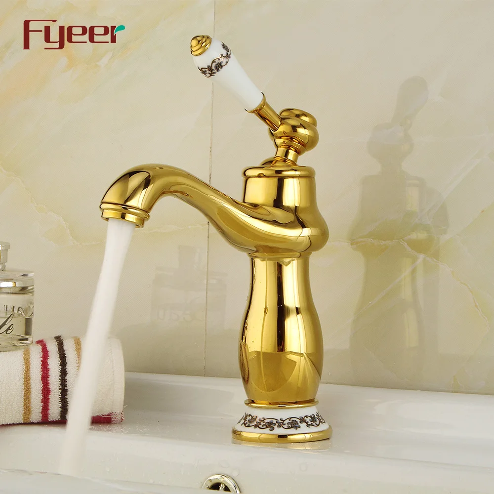Fyeer Brass Body Golden Basin Mixer Taps with Ceramic Handle