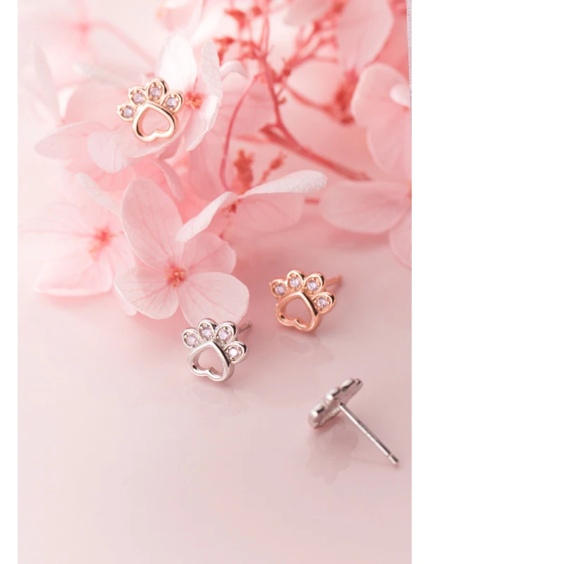 Silver 925 Fashion Cute Cubic Pink Zirconia Cat Claw Stud Earrings Luxury Designer Jewelry for Women