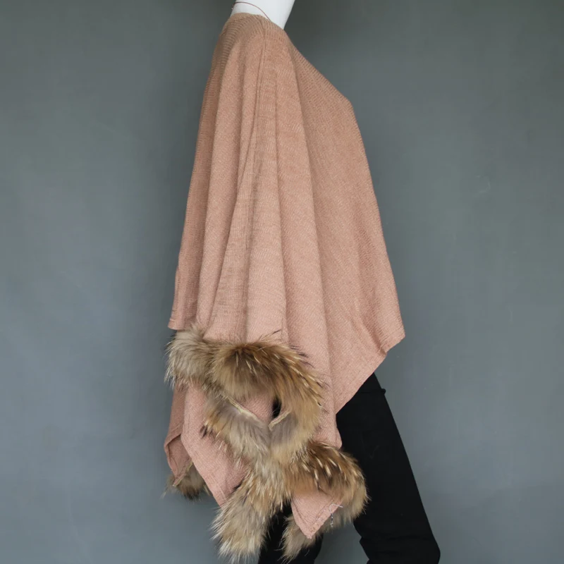 Fluffy raccoon fur knitted cape European style fashion shawl with fur trim