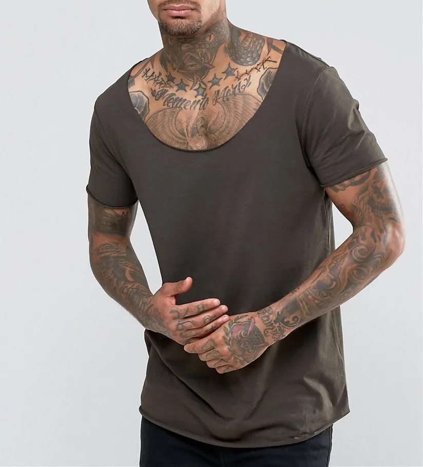 
Wide Neck Light Weight Longline T-Shirt With Raw Scoop Neck And Curved Hem 