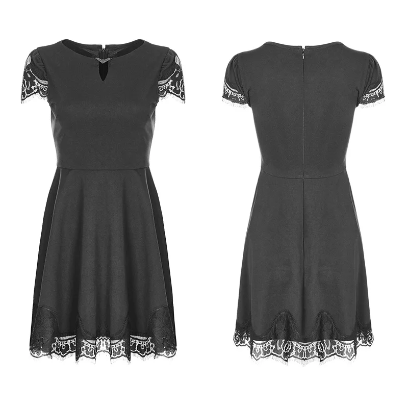 
Goth Women Dress O Neck Short Sleeve Lace Stitching Black Mini Casual Dresses OPQ-349LQF Ladies Clothing New Design PUNK RAVE 
