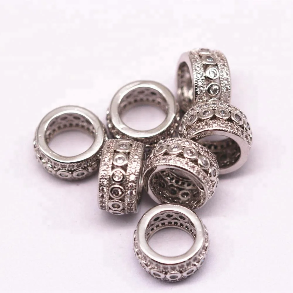 Meaning Mirco Pave Clear Zircon Large Hole Flat Wheel Shape Copper Charm Beads for Jewelry Making