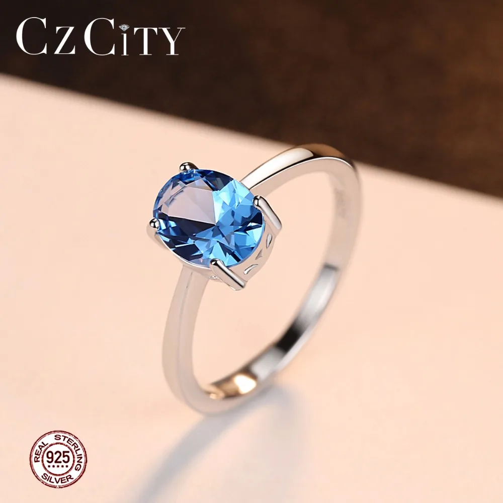 CZCITY Oval Color Sky Blue Menmade Topaz Stud Earrings Women Genuine 925 Sterling Silver Fine Jewelry Ring