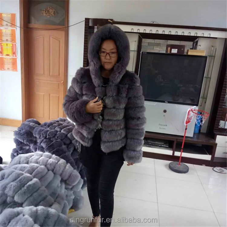 High Quality Artificial Faux Fox Fur Coat Fake Fur Jacket with hood
