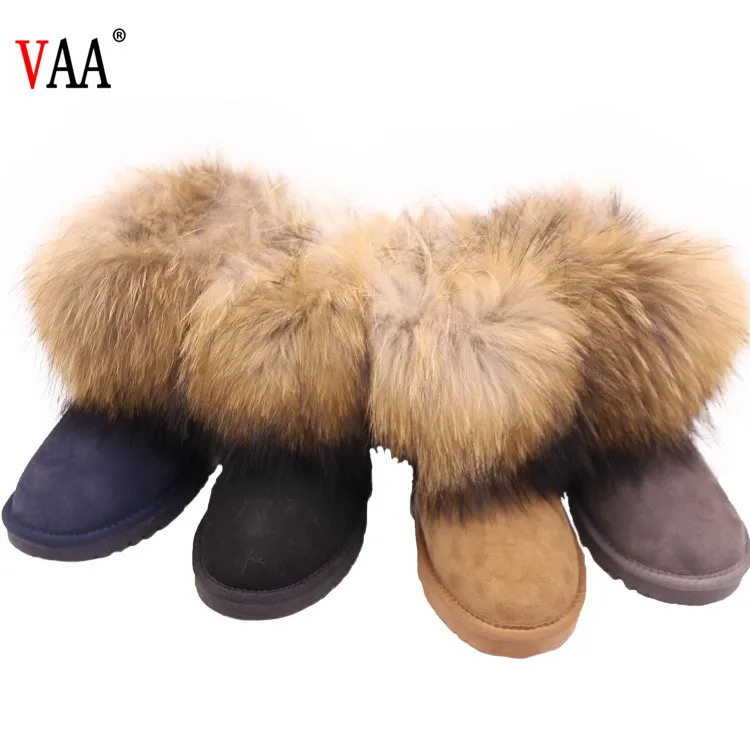 B054 Genuine Leather Lining Sheepskin Natural Colored Racoon Fur Outside Antiskid Snow Boots Manufacturers,Snow Boots Women
