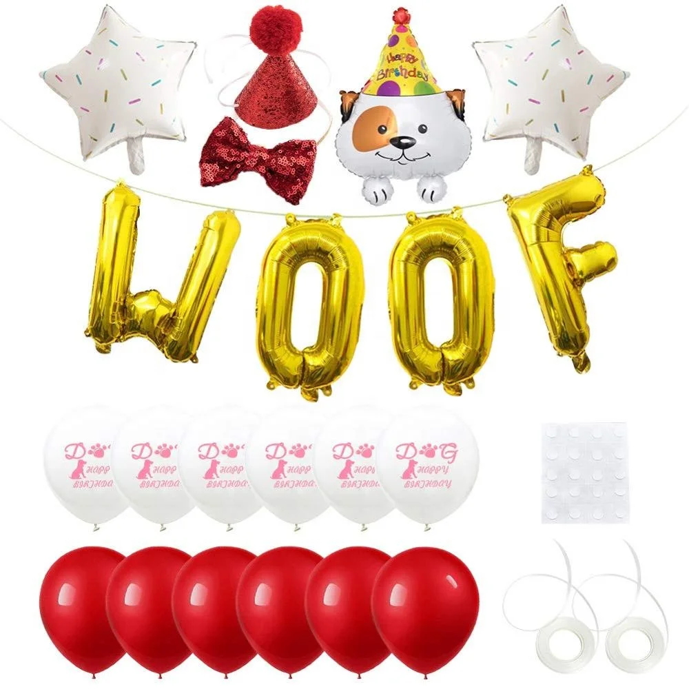 Dog Happy Birthday Party Decorations Supplies Hat and Bow Tie with WOOF Letter Banner Balloons Dog Birthday Outfit Set