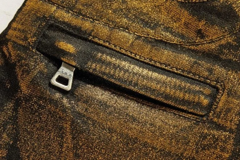 Royal wolf jeans manufacturer new fashion hot stamping metallic foiled golden coated biker denim men pants jeans