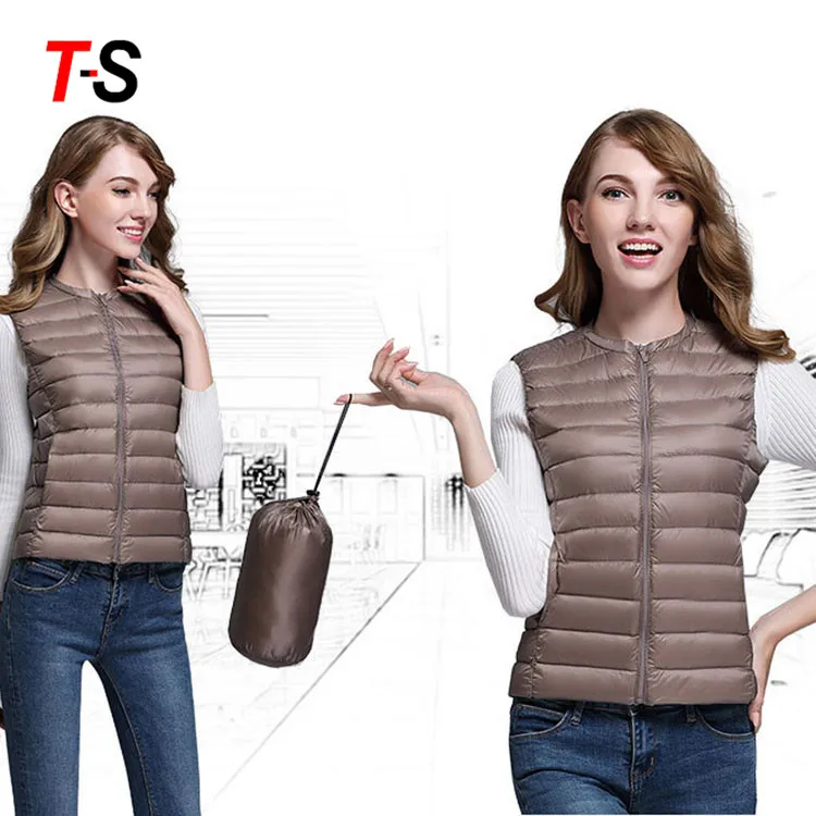 Custom waterproof stand collar short light down packable vest jacket for women