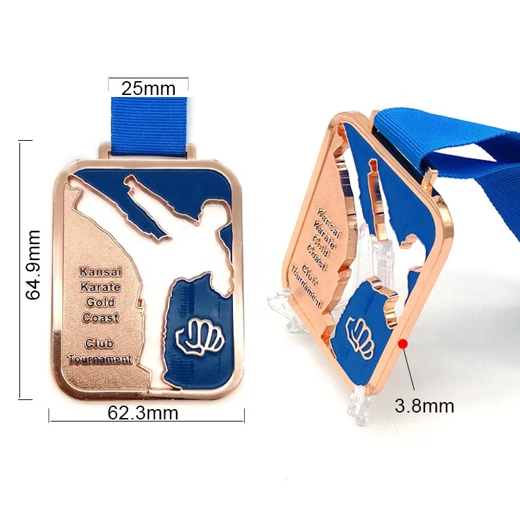 Creative Custom Square Cut Out 3D Metal Copper Enamel Medal Karate