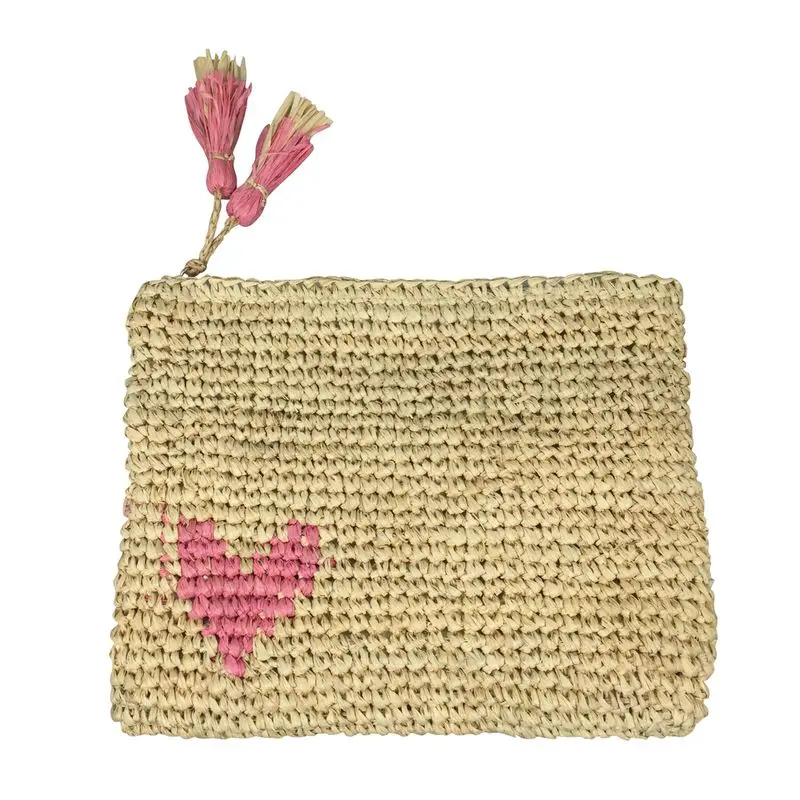 Small heart embroidery crocheted raffia clutch made with natural raffia straw tassles trimming