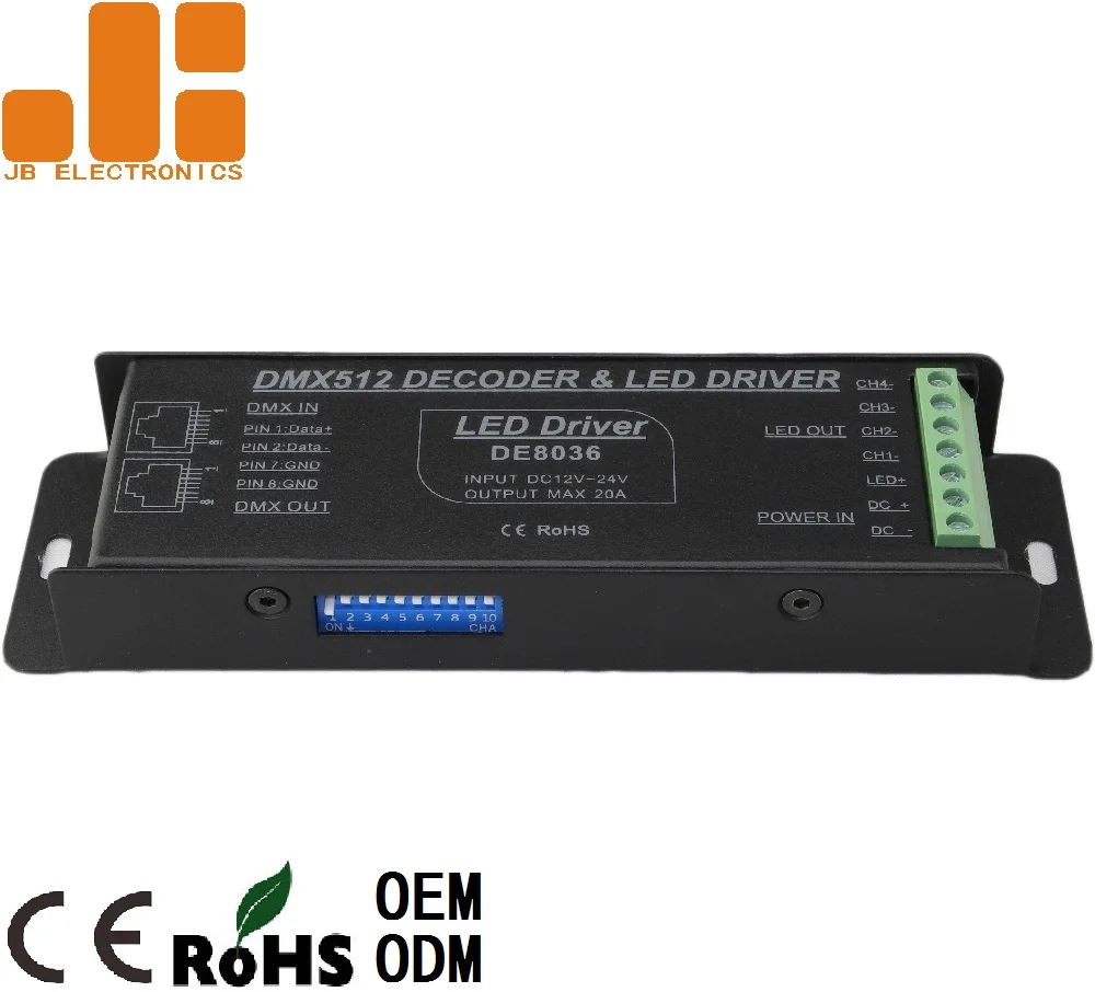 JIBANG DC12-24V 5Ax4CH RGBW Constant Voltage DMX512 Decoder DMX LED Driver DE8036