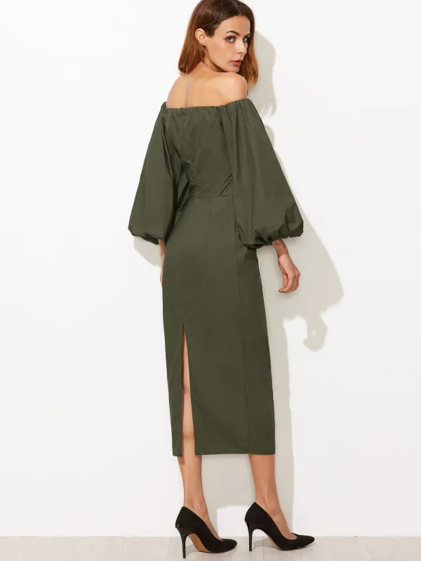 2021 hot sale Olive Green Off The Shoulder Seersucker Sleeve Slit Back Pencil Dress