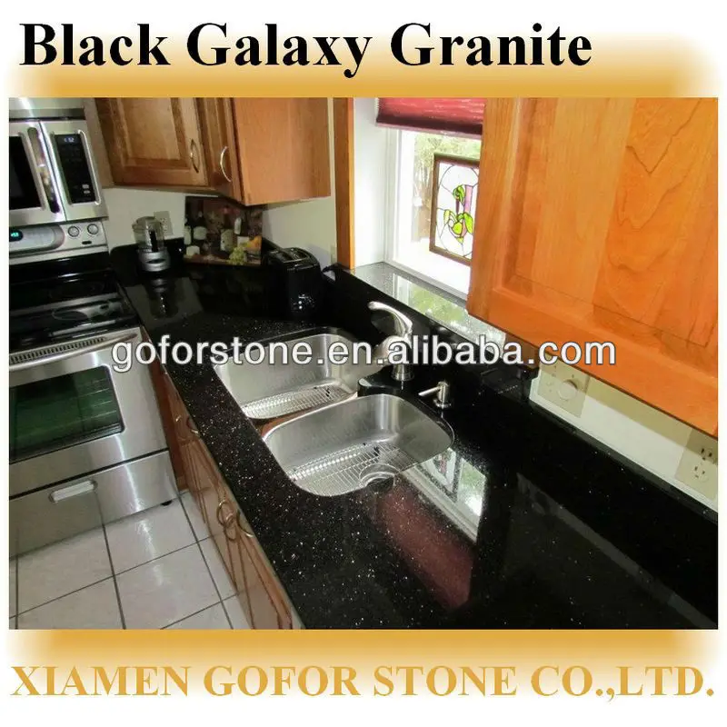 Black galaxy granie countertop with kitchen sink