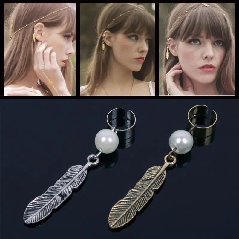 Por Non Pierced Dangle Earrings 10pcs Gothic Punk Leaf Feather Pearl Dangle Earrings For Women Clip On Non Pierced Ear