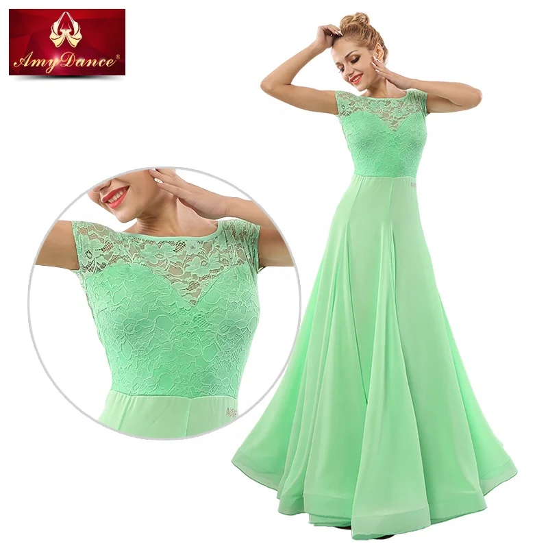 
Elegant large hem lace short sleeves long professional practice modern ballroom dance wear women ballroom dance dress 