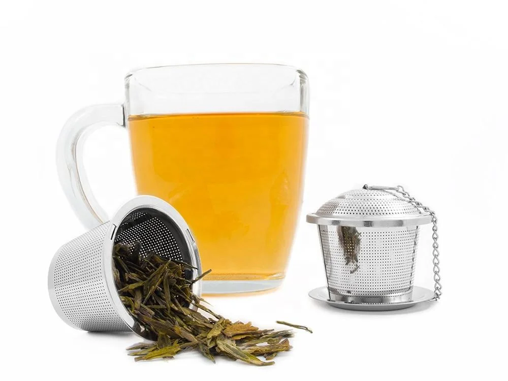 Gold Plated 304 Stainless Steel Tea Filter Basket Chain Link Tea Infuser Strainer with Tray