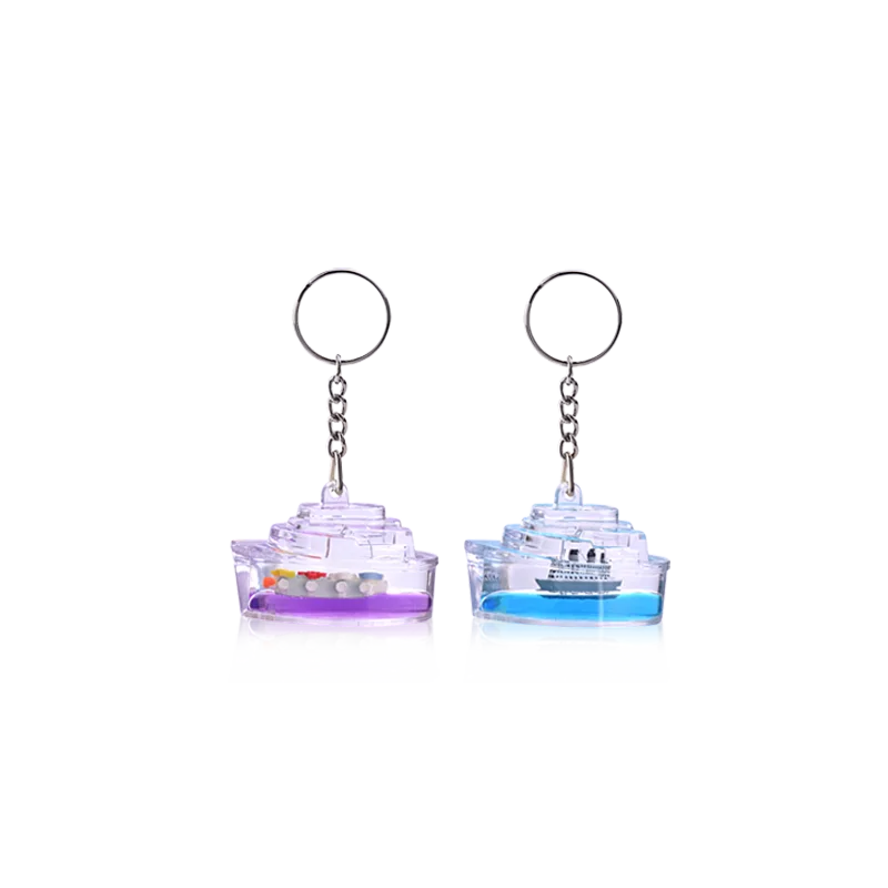 Promotional Plastic Keyrings Creative Boat Shape Oil Liquid Floating Keychain