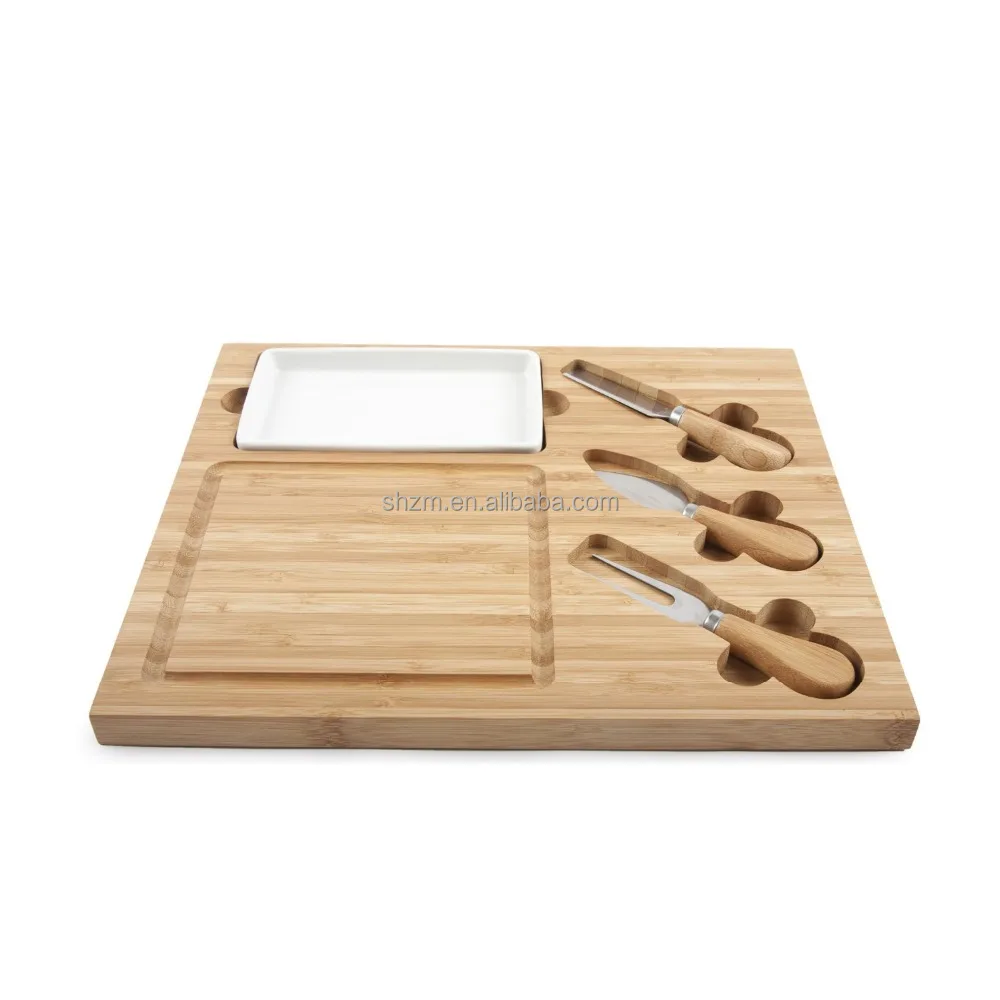 Eco-friendly Bamboo Cheese Board Set with Ceramic Dish and 3 Cheese Tools