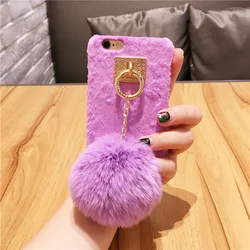 Korea Wram Rabbit Fur Ball Diamond Metal Ring Tassel Case for Iphone 6 6plus 7 7 plus Luxury Plush Hard Pc Cover cases Purple
