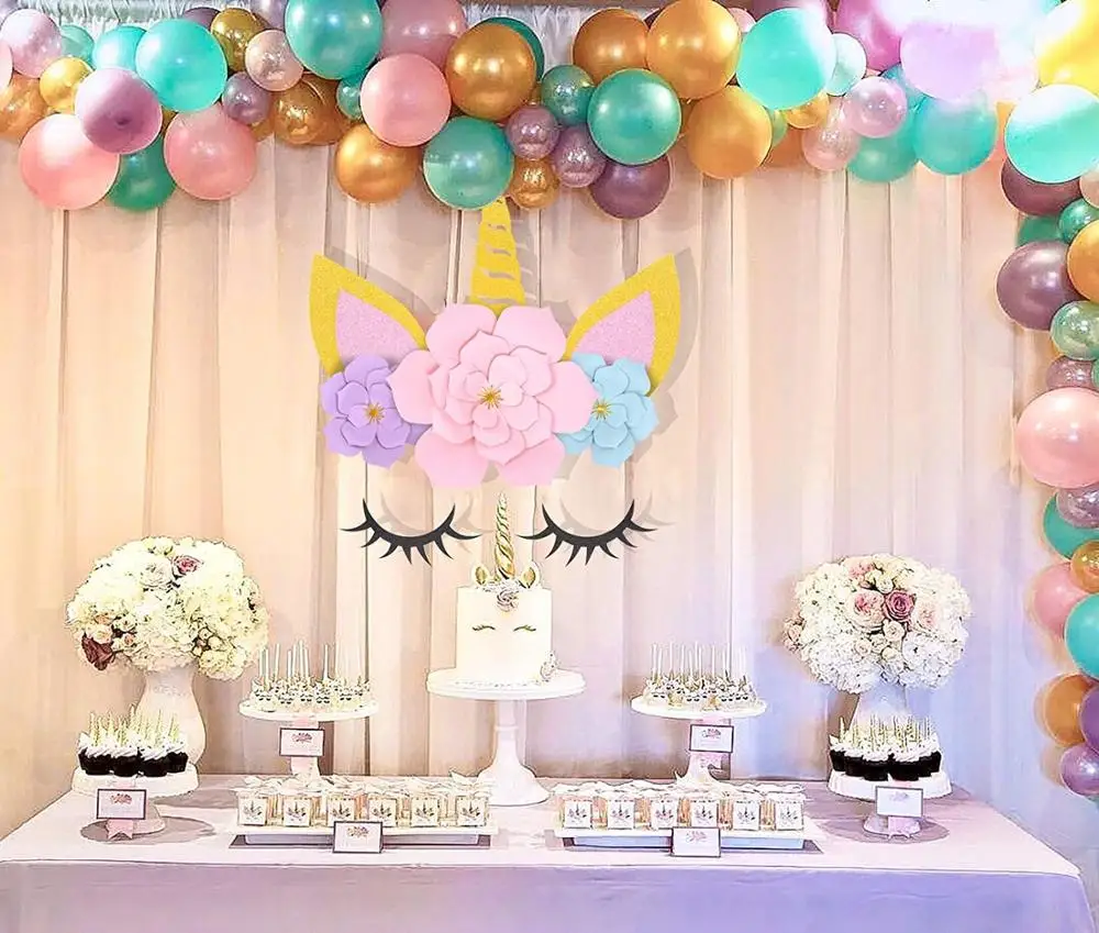 Unicorn Party Decorations Backdrop For Girls Birthday Party DIY Unicorn Flower Backdrop with Glitter Giant Horn Ears Eyelashes