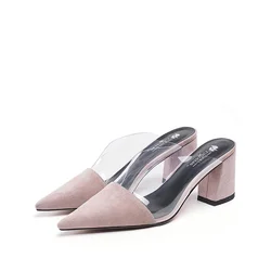 J094 pointed toe mules shoes women heels kid suede ladies slippers