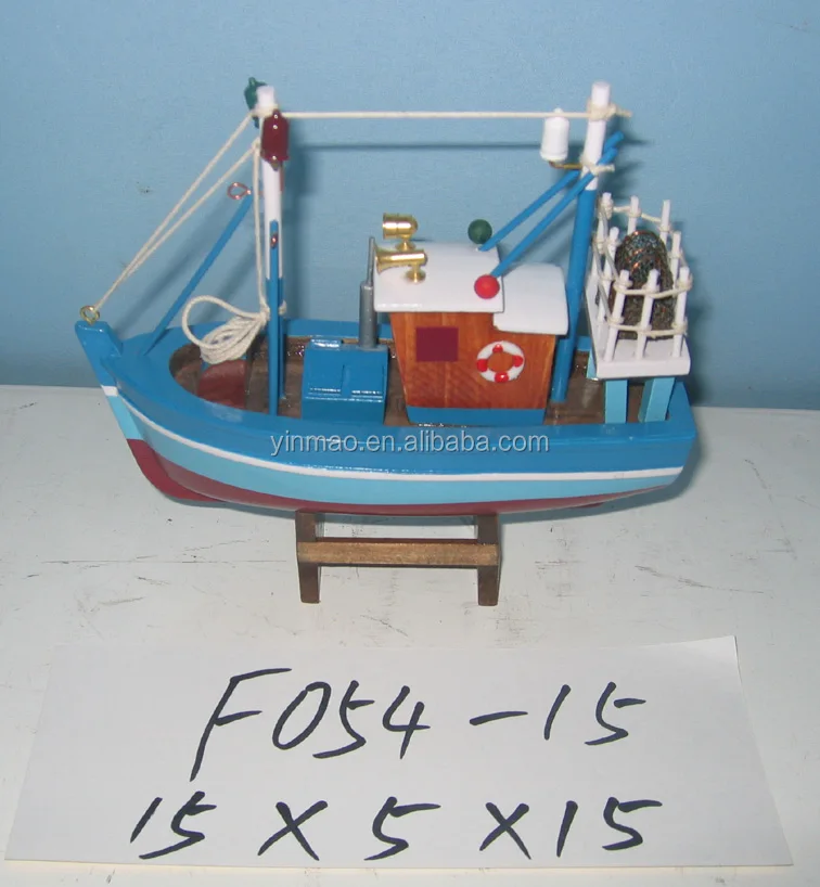 Wooden Shrimp Ship Model, 15x5x15cm sea blue Crab fishing boat model
