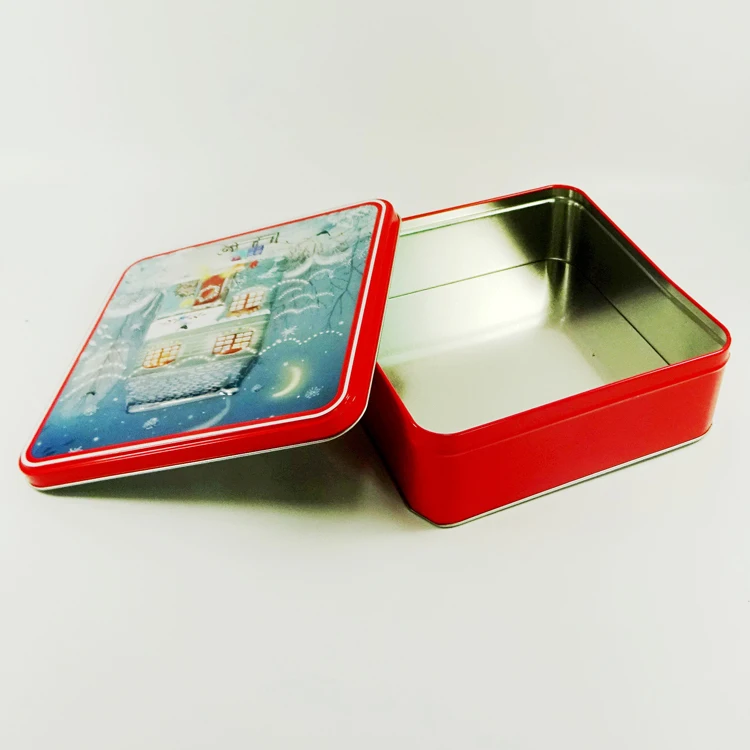 Square Christmas Gift Tin Cake Box Custom Embossed Tin Box OEM Custom Metal Biscuit Can Square Shape Big Metal Tin Container