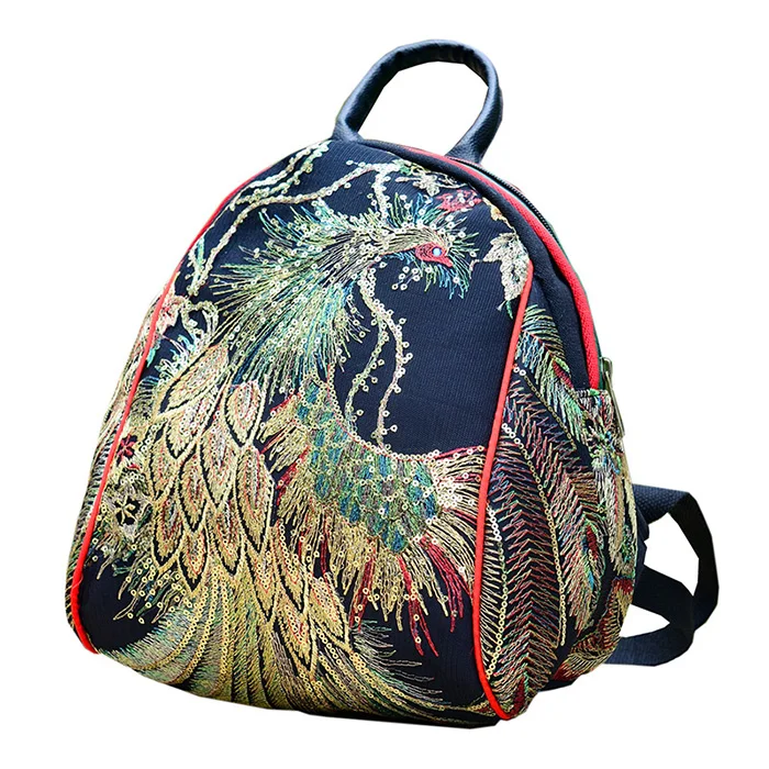 Handmade Embroidery Phoenix Pattern Stripe Backpack Bag Chinese National Style Embroidery Vintage Canvas Backpack Wholesale