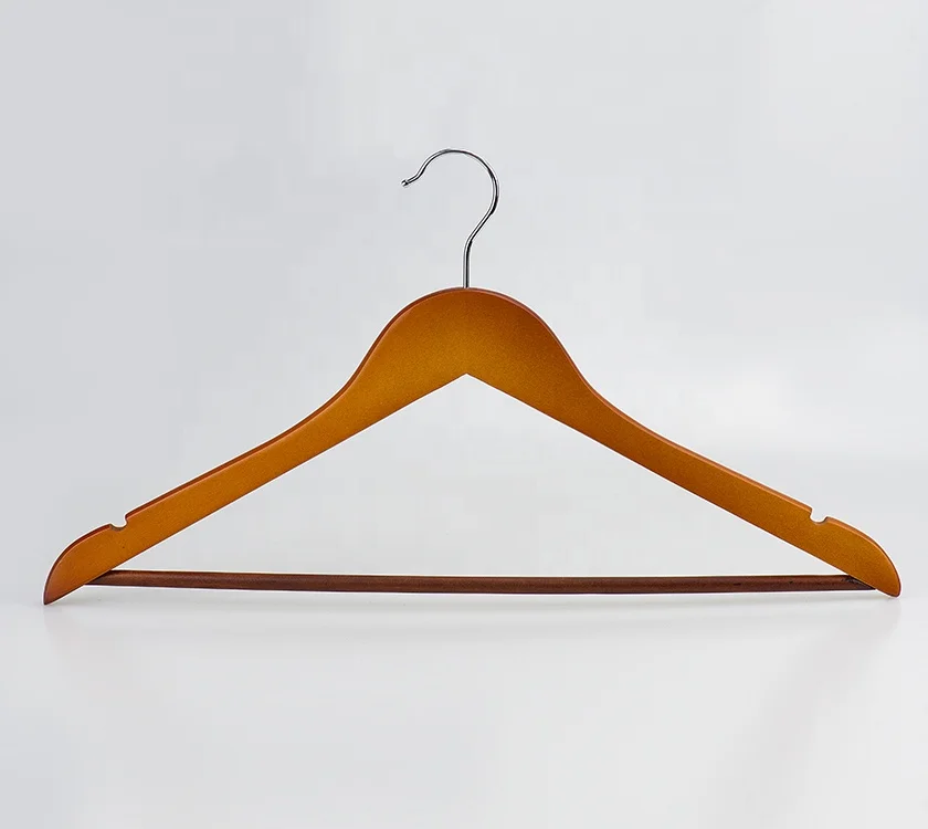 
China Hanger Factory Wholesale Clothes, Hotel and Shop Cherry Color Wood Hanger with Round Bar and Non Slip Design 