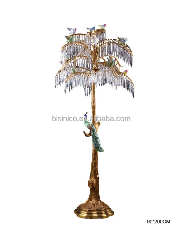 Golden Peacock Multiple Droplight Bronze Table Lamp, Antique Brass Desk Light With Colorful Sparrow Perched On The Trunk
