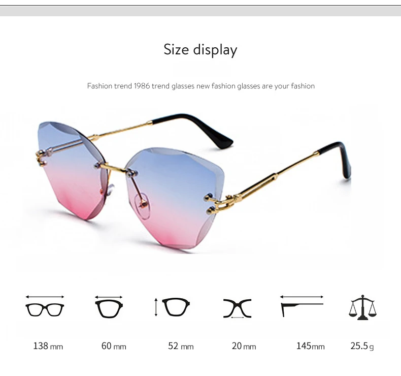 wholesale ocean gradient color cutting lens rimless sun glasses women fashion shades cateye sunglasses