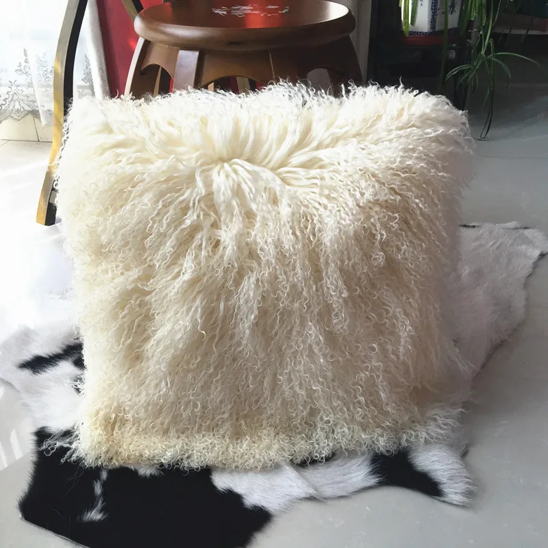 100% Real 40*40cm white color Mongolian lamb fur cushions long soft curly hairs Tibetan sheepskin wool