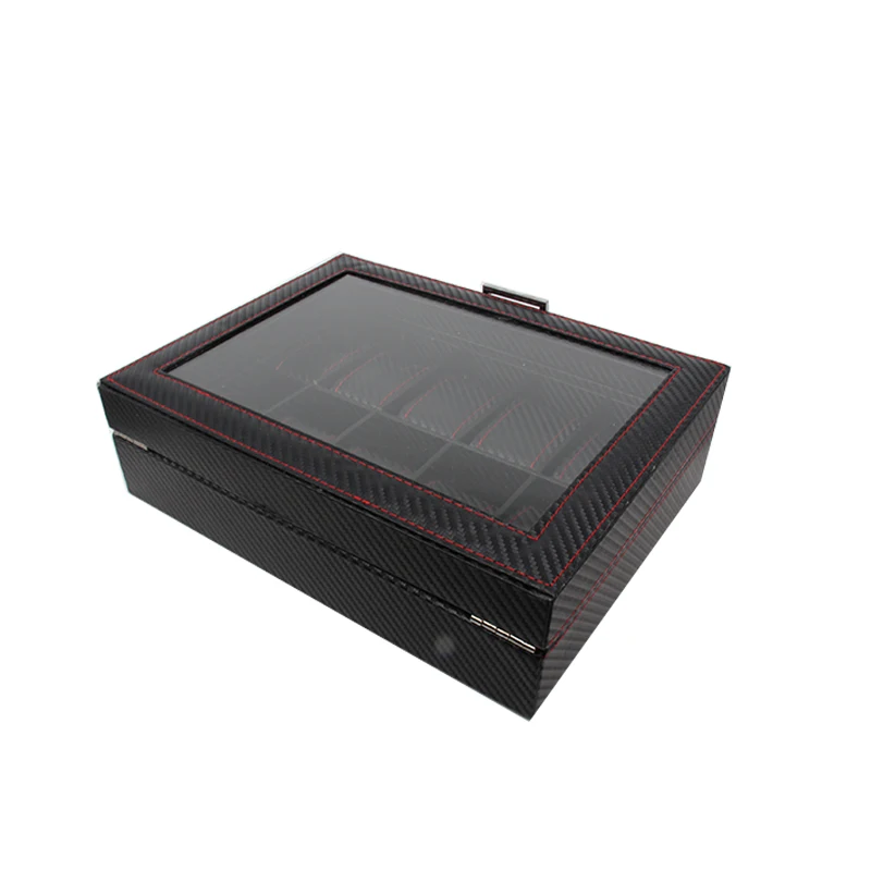 Carbon Fiber 10 Slots Oem custom  luxury black  pu leather watch storage display box ladies watch packaging gift box with pillow
