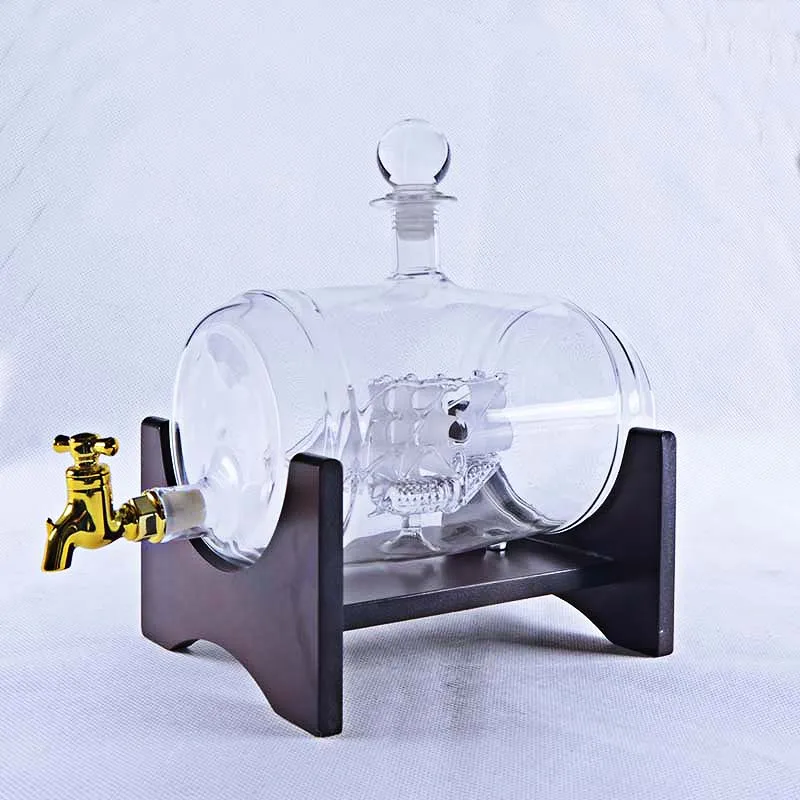 1000ML Dispenser for Liquor High Borosilicate Glass Barrel Decanter with Wood Stand