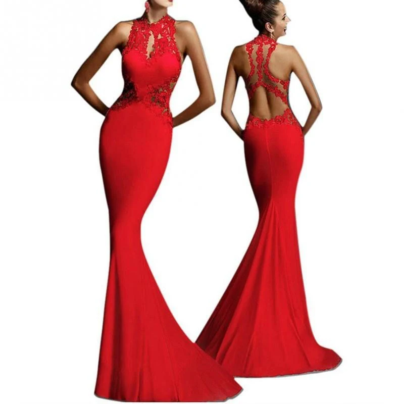 
Euramerican high-end fishtail lace evening dress sexy appliques sleeveless backless dress slim women long skirt 