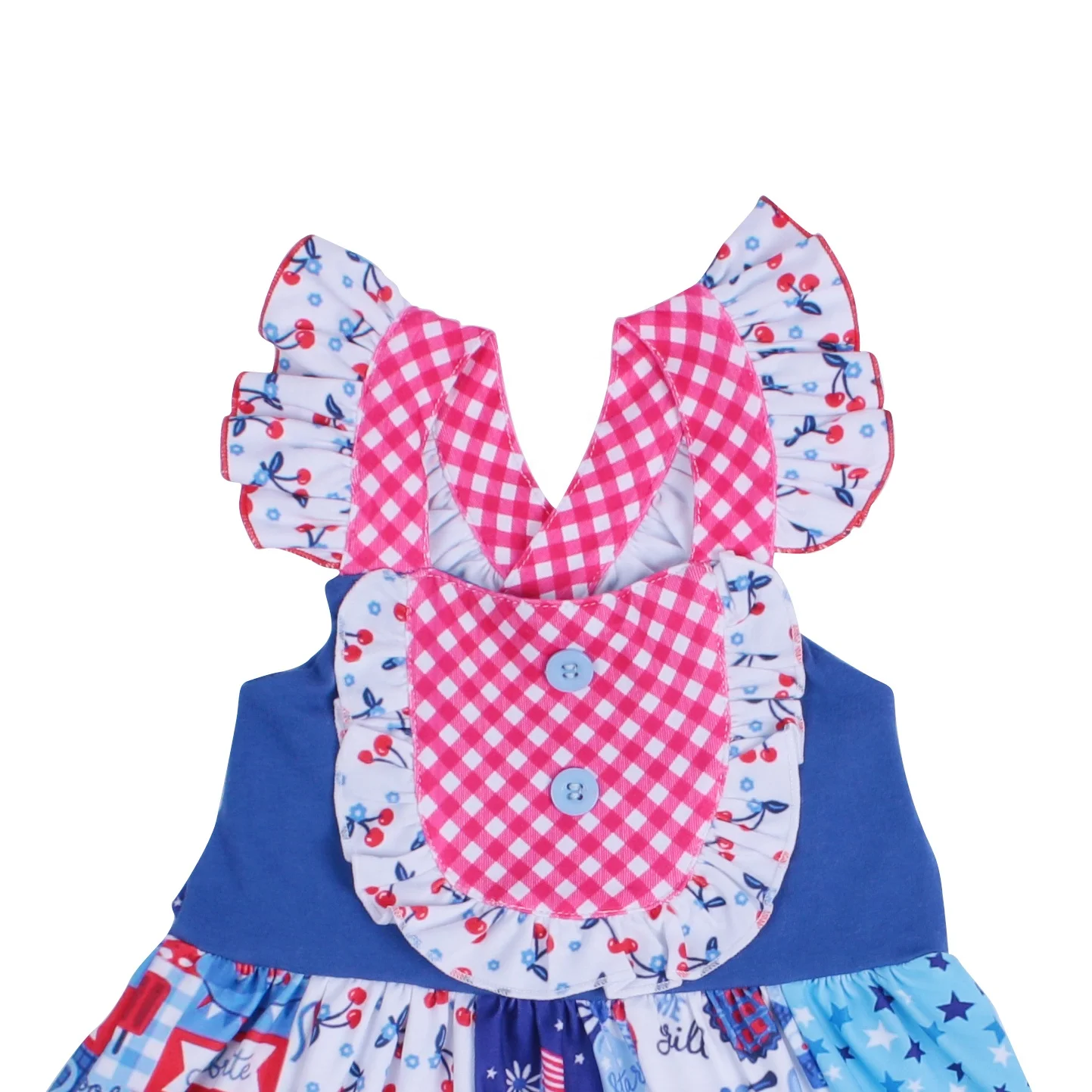 
Wholesale 4th of July american flag dress Summer cherry print milk silk girl boutique clothing baby bubble ruffle dress 