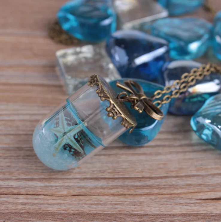 Vintage Mermaid Tears Shells Star Vial Necklace Shellhard Blue Sea Ocean Glass Wish Bottle Necklaces & Pendants Unisex Jewelry